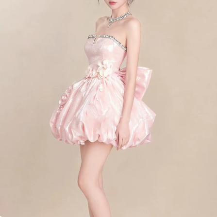 Beautiful Homecoming Dress Strapless Flower Pleated Rinestone Bowknot Back to School Outfits Party Dress D7252