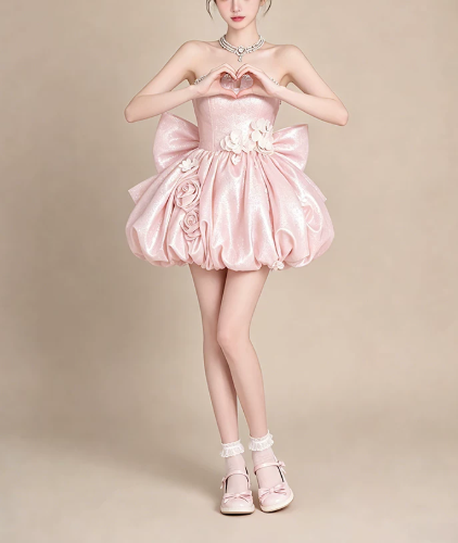 Beautiful Homecoming Dress Strapless Flower Pleated Rinestone Bowknot Back to School Outfits Party Dress D7252
