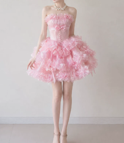 Beautiful Homecoming Dress Strapless Pleated Bowknot Cascade Back to School Outfits Party Dress D7255