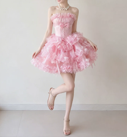 Beautiful Homecoming Dress Strapless Pleated Bowknot Cascade Back to School Outfits Party Dress D7255