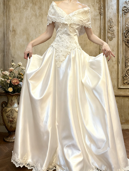 Elegant Wedding Dress Off the Shoulder Pleated Lace Applique Bowknot Beading A Line Wedding Dress Prom Dress D7258