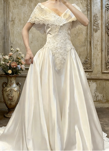 Elegant Wedding Dress Off the Shoulder Pleated Lace Applique Bowknot Beading A Line Wedding Dress Prom Dress D7258