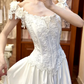 Elegant Wedding Dress Square Pleated Lace Applique Flower Wedding Dress Prom Dress D7259