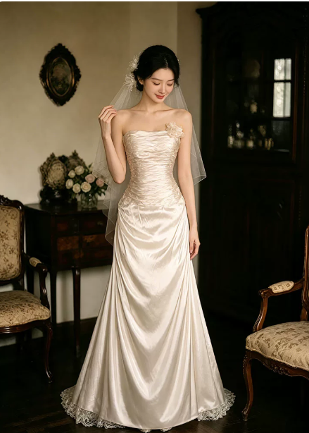 Elegant Wedding Dress Strapless Pleated Lace Flower Wedding Dress D7260
