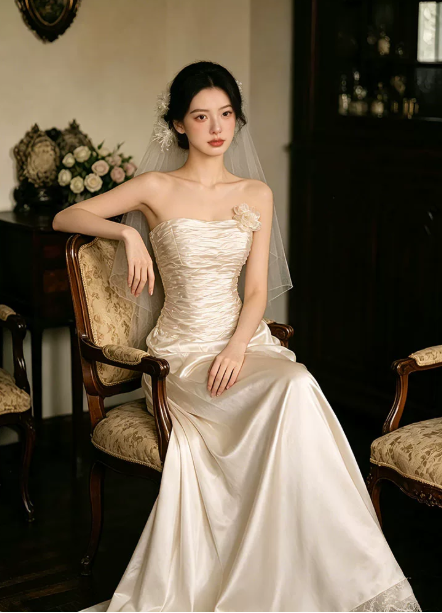 Elegant Wedding Dress Strapless Pleated Lace Flower Wedding Dress D7260
