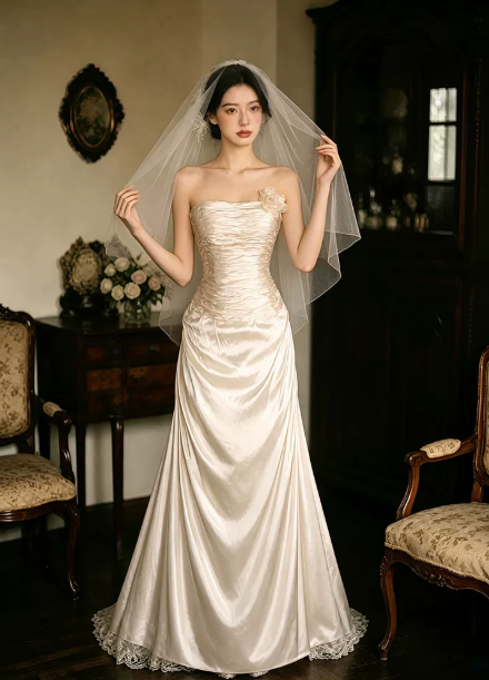 Elegant Wedding Dress Strapless Pleated Lace Flower Wedding Dress D7260