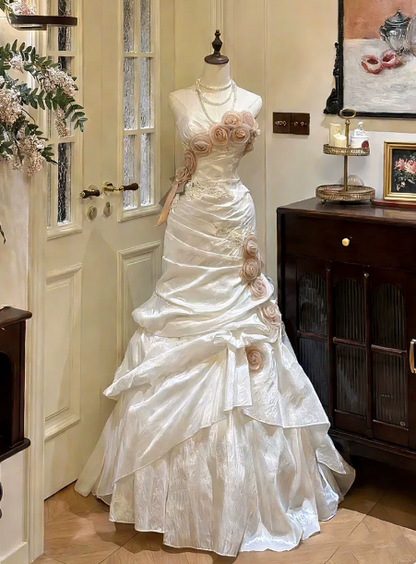 Elegant Wedding Dress Sweetheart Pleated Cascade Flower Wedding Dress Prom Dress D7261