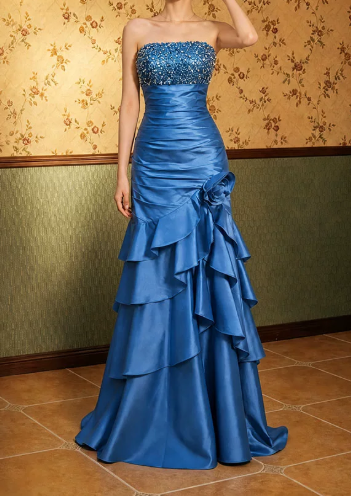 Stunning Prom Dress Strapless Pleated Flower Rinestone Gala Dress Evening Dress   D7264