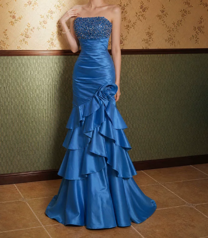 Stunning Prom Dress Strapless Pleated Flower Rinestone Gala Dress Evening Dress   D7264