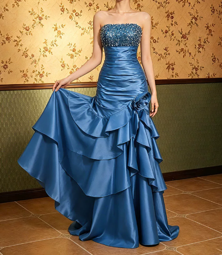 Stunning Prom Dress Strapless Pleated Flower Rinestone Gala Dress Evening Dress   D7264