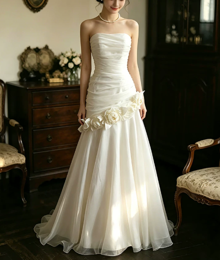 Elegant Wedding Dress Strapless Flower Pleated Tulle Wedding Dress Prom Dress D7267