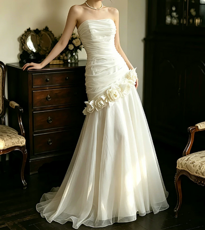 Elegant Wedding Dress Strapless Flower Pleated Tulle Wedding Dress Prom Dress D7267