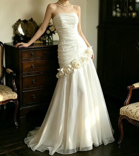 Elegant Wedding Dress Strapless Flower Pleated Tulle Wedding Dress Prom Dress D7267