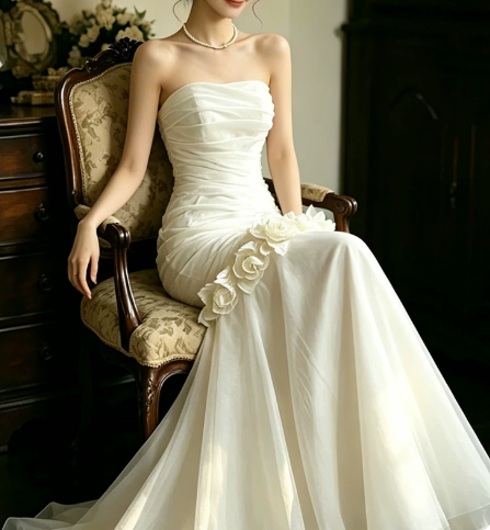 Elegant Wedding Dress Strapless Flower Pleated Tulle Wedding Dress Prom Dress D7267
