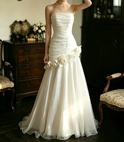 Elegant Wedding Dress Strapless Flower Pleated Tulle Wedding Dress Prom Dress D7267