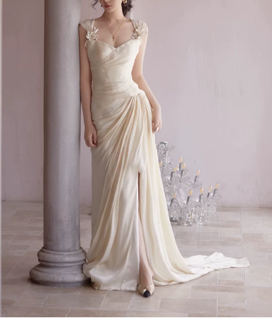 Elegant Wedding Dress V Neck Flower Pleated Tulle Wedding Dress Prom Dress D7268