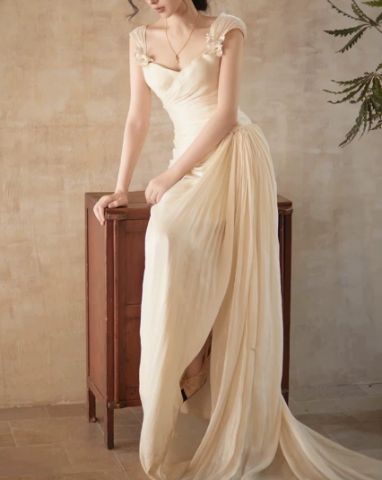 Elegant Wedding Dress V Neck Flower Pleated Tulle Wedding Dress Prom Dress D7268