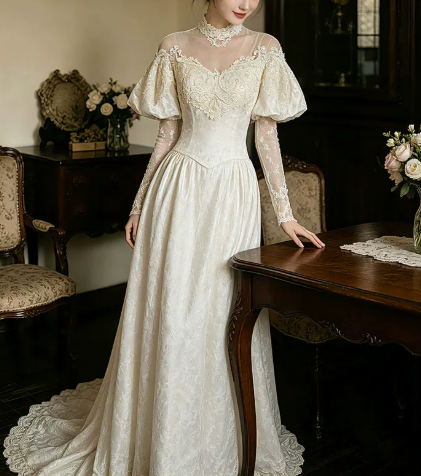 Elegant Wedding Dress High Collar Applique Pleated Lace Wedding Dress Prom Dress D7269