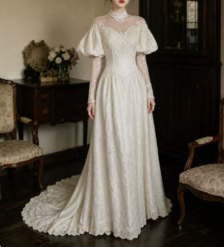 Elegant Wedding Dress High Collar Applique Pleated Lace Wedding Dress Prom Dress D7269