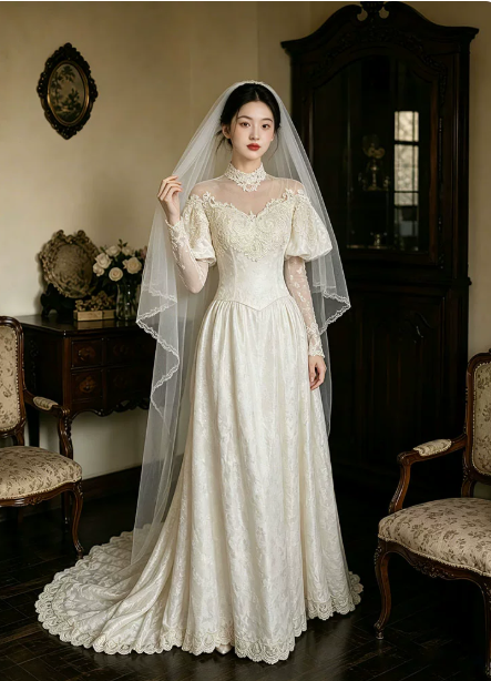 Elegant Wedding Dress High Collar Applique Pleated Lace Wedding Dress Prom Dress D7269