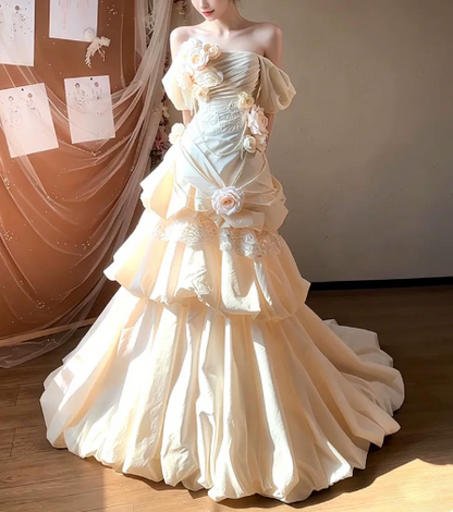 Elegant Wedding Dress Off the Shoulder Flower Pleated Cascade Applique Wedding Dress Prom Dress D7270