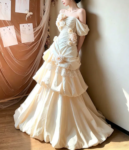 Elegant Wedding Dress Off the Shoulder Flower Pleated Cascade Applique Wedding Dress Prom Dress D7270