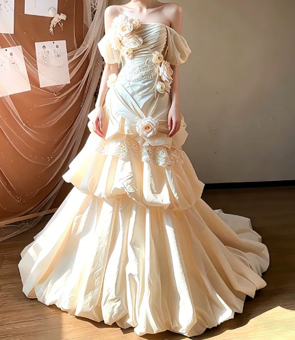 Elegant Wedding Dress Off the Shoulder Flower Pleated Cascade Applique Wedding Dress Prom Dress D7270
