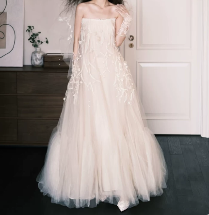 Elegant Wedding Dress Strapless Tulle Applique Wedding Dress Prom Dress D7271