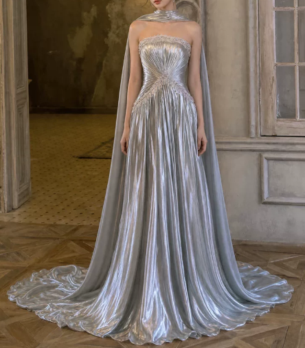 Elegant Long Prom Dress Strapless Applique Stole Pleated Party Dress D7273