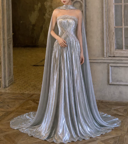 Elegant Long Prom Dress Strapless Applique Stole Pleated Party Dress D7273