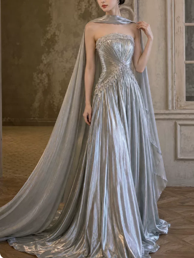 Elegant Long Prom Dress Strapless Applique Stole Pleated Party Dress D7273