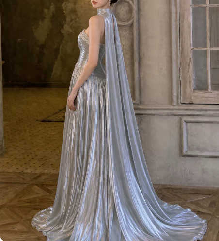 Elegant Long Prom Dress Strapless Applique Stole Pleated Party Dress D7273