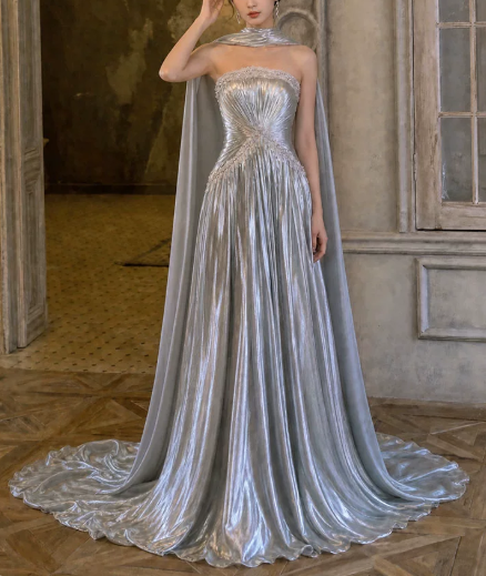 Elegant Long Prom Dress Strapless Applique Stole Pleated Party Dress D7273