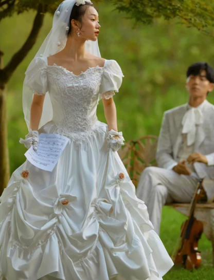 Elegant Wedding Dress V Neck Applique Pleated Flower Wedding Dress D7277