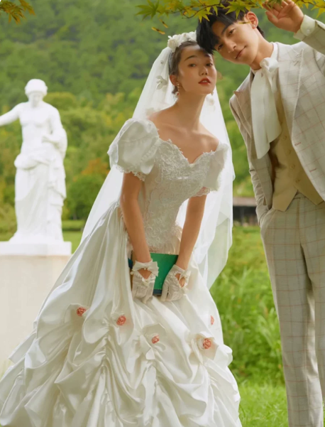 Elegant Wedding Dress V Neck Applique Pleated Flower Wedding Dress D7277