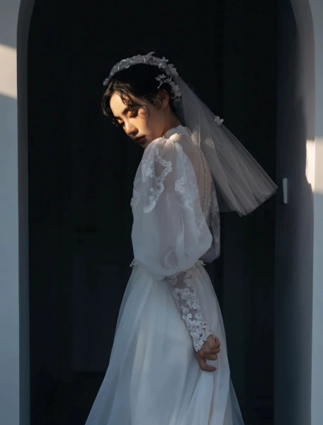 Elegant Wedding Dress High Collar Applique Lace Tulle Wedding Dress D7278