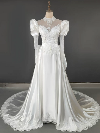 Elegant Wedding Dress High Collar Applique Lace Tulle Pearl  Bowknot Flower Wedding Dress D7279