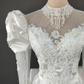 Elegant Wedding Dress High Collar Applique Lace Tulle Pearl  Bowknot Flower Wedding Dress D7279