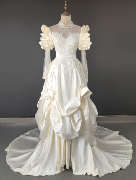 Elegant Wedding Dress High Collar Applique Lace Tulle Beaded Flower Cascade Wedding Dress D7280