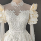 Elegant Wedding Dress High Collar Applique Lace Tulle Beaded Flower Cascade Wedding Dress D7280