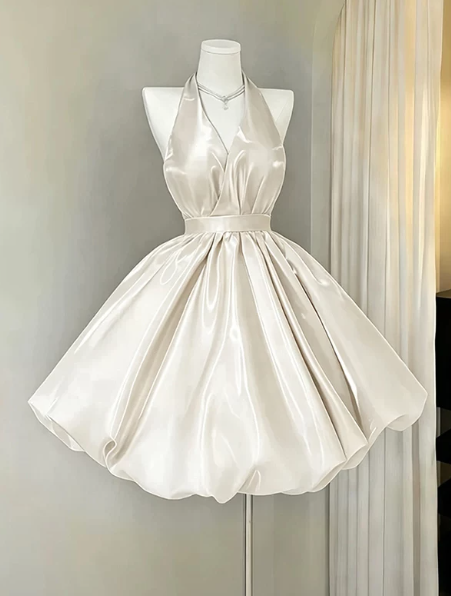 Charming Homecoming Dress Halter Pleated Back to School Outfits Party Dress D7296