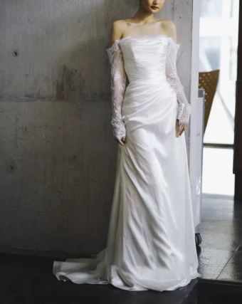 Elegant Wedding Dress Bateall Pleated Lace Wedding Dress D7297