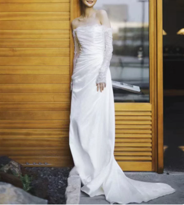 Elegant Wedding Dress Bateall Pleated Lace Wedding Dress D7297