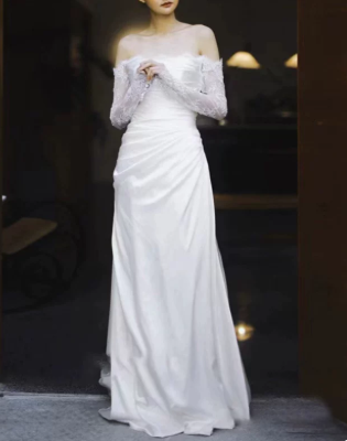 Elegant Wedding Dress Bateall Pleated Lace Wedding Dress D7297