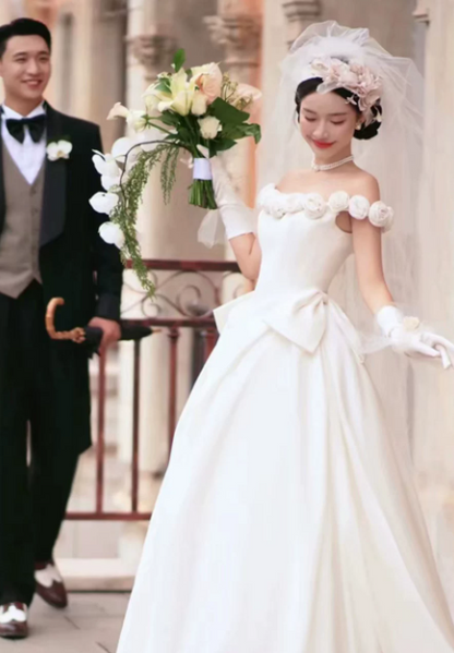 Elegant Wedding Dress Off the Shoulder Pleated Bowknot Flower Wedding Dress D7298
