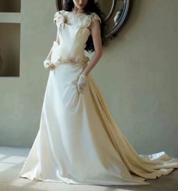 Elegant Wedding Dress Square Flower Pleated Prom Dress Wedding Dress D7300