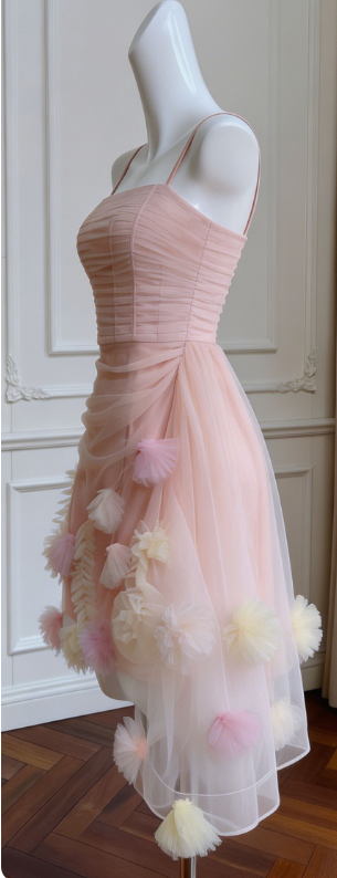 Charming Homecoming Dress Spaghetti Strap Flower Tulle Back to School Outfits Party Dress D7305