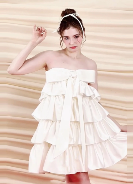 Charming Homecoming Dress Strapless Bowknot Cascade Pleated Back to School Outfits Party Dress D7311