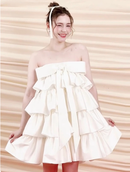 Charming Homecoming Dress Strapless Bowknot Cascade Pleated Back to School Outfits Party Dress D7311