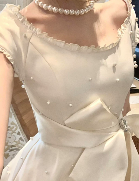 Charming Homecoming Dress Jewel Bowknot Pearl Pleated Back to School Outfits Party Dress D7313